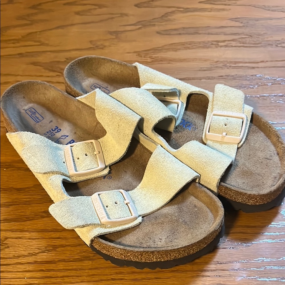 Birkenstock Two-Strap Suede Sandals in Light Beige